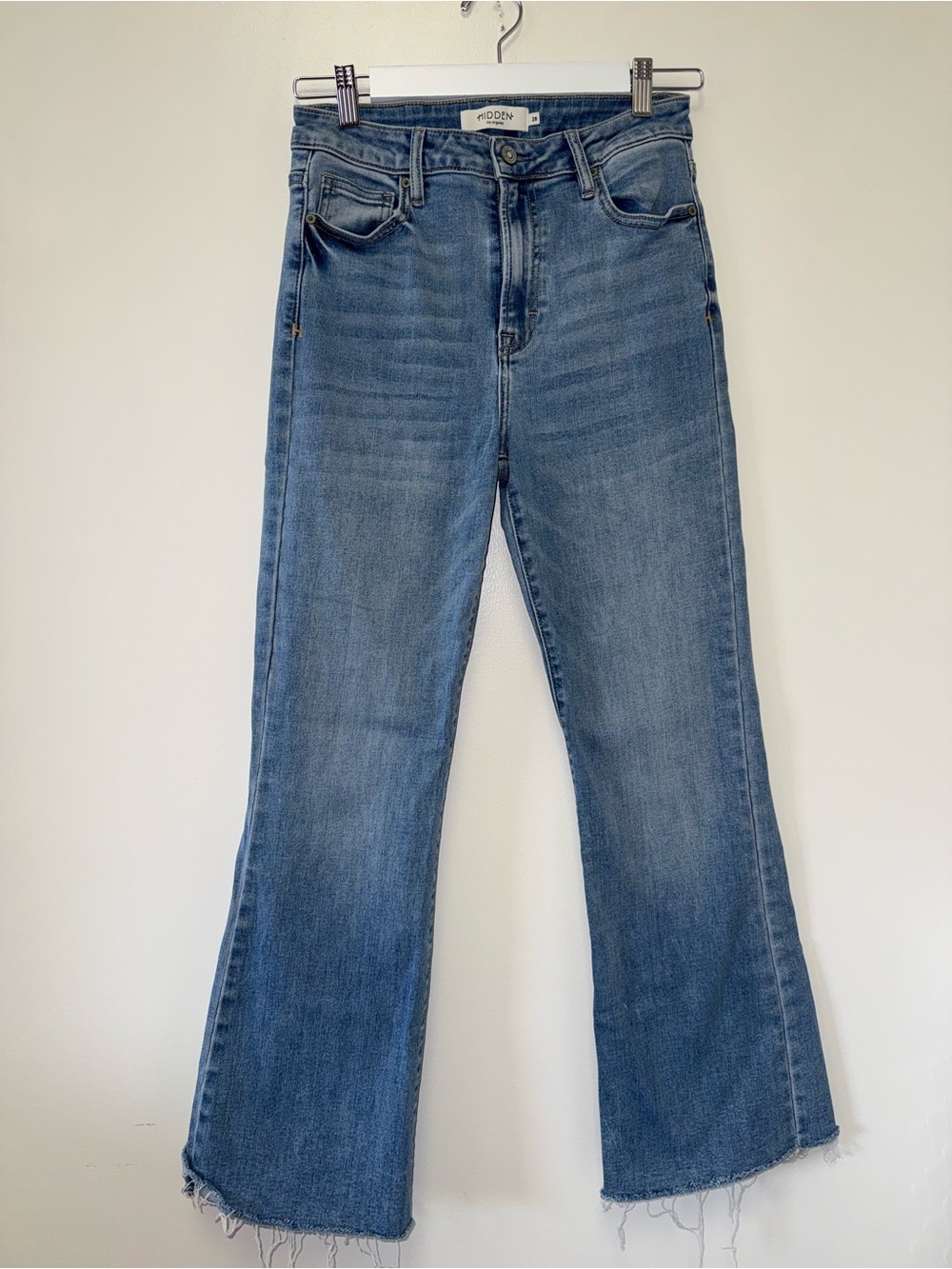 Hidden (28) Blue Denim Bootcut High Rise Jeans with Frayed Bottom Hem
